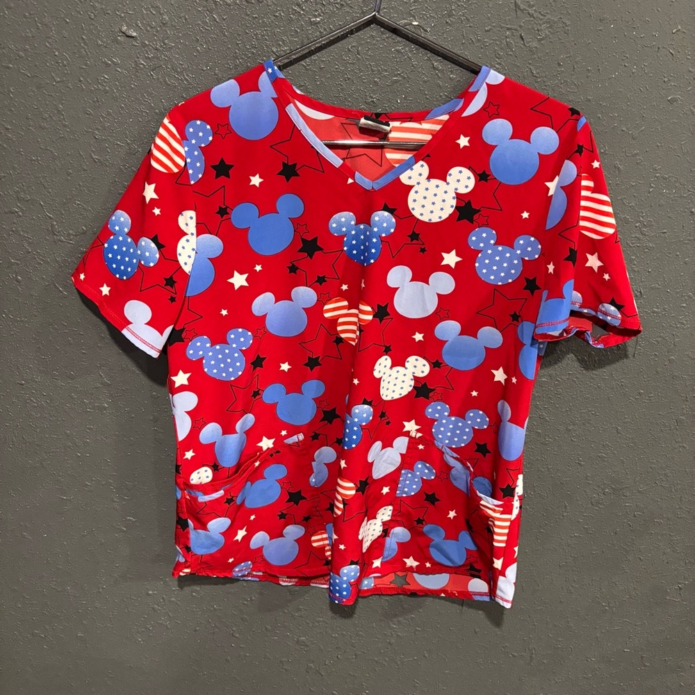 Red Mickey Mouse Graphic Scrub Top